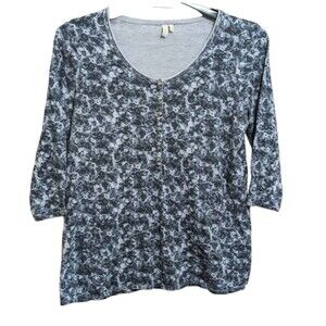 Madison Women's 3/4 Sleeve Half Button Pullover Blouse Size Large Blue And White